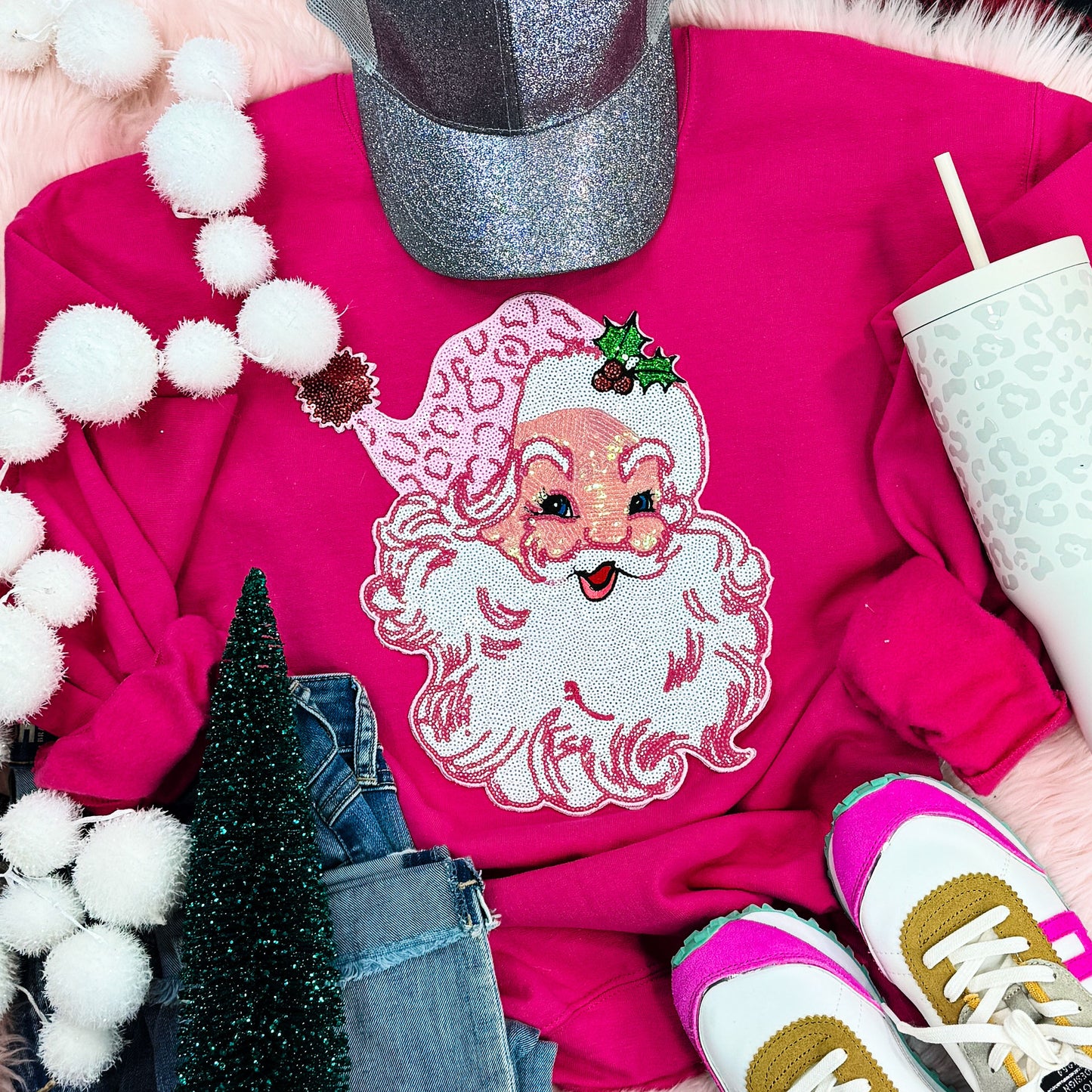 Sequin Santa w/Light Pink Hat Sweatshirt