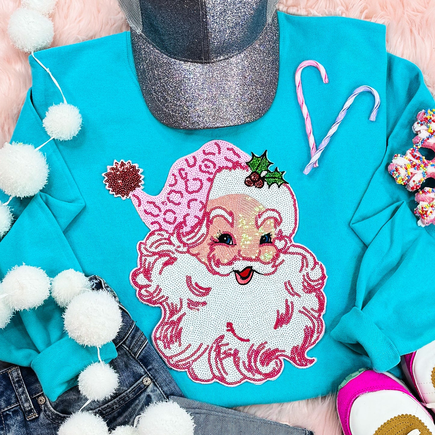 Sequin Santa w/Light Pink Hat Sweatshirt