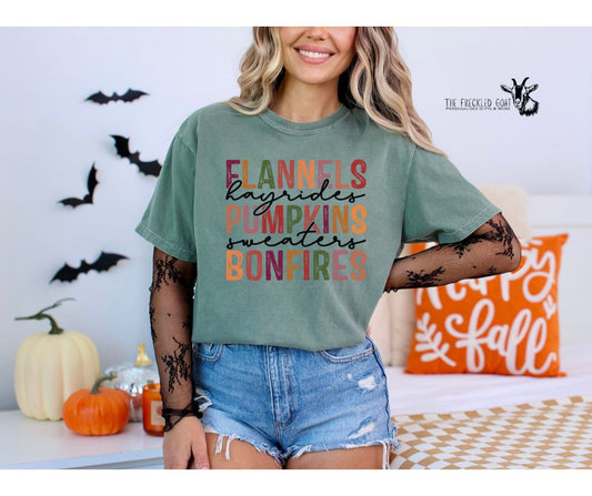 Flannels, Pumpkins, Bonfires in black ink T-shirt