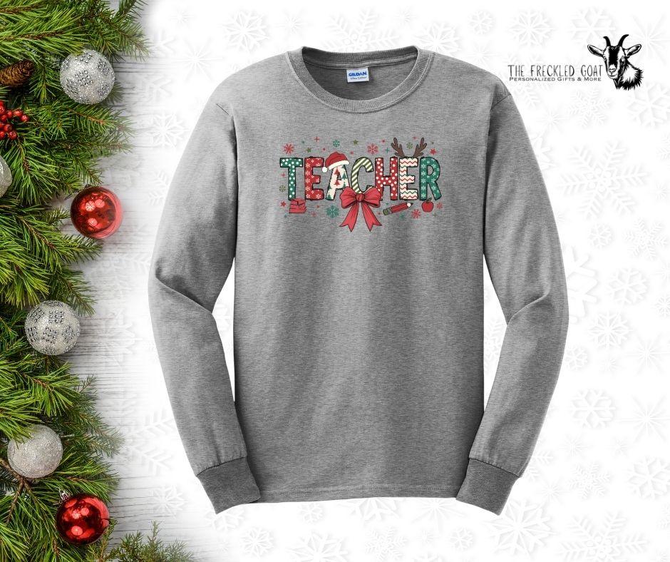 Christmas Teacher with a Bow Long-Sleeve T-Shirt